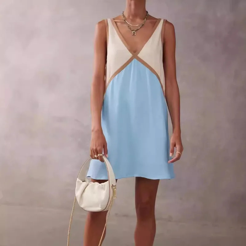 Sexy Y2K Boho Vacation Beach Dress Summer Women Color Block Bohemian Dress Elegant Sleeveless V Neck Loose Mini Dress