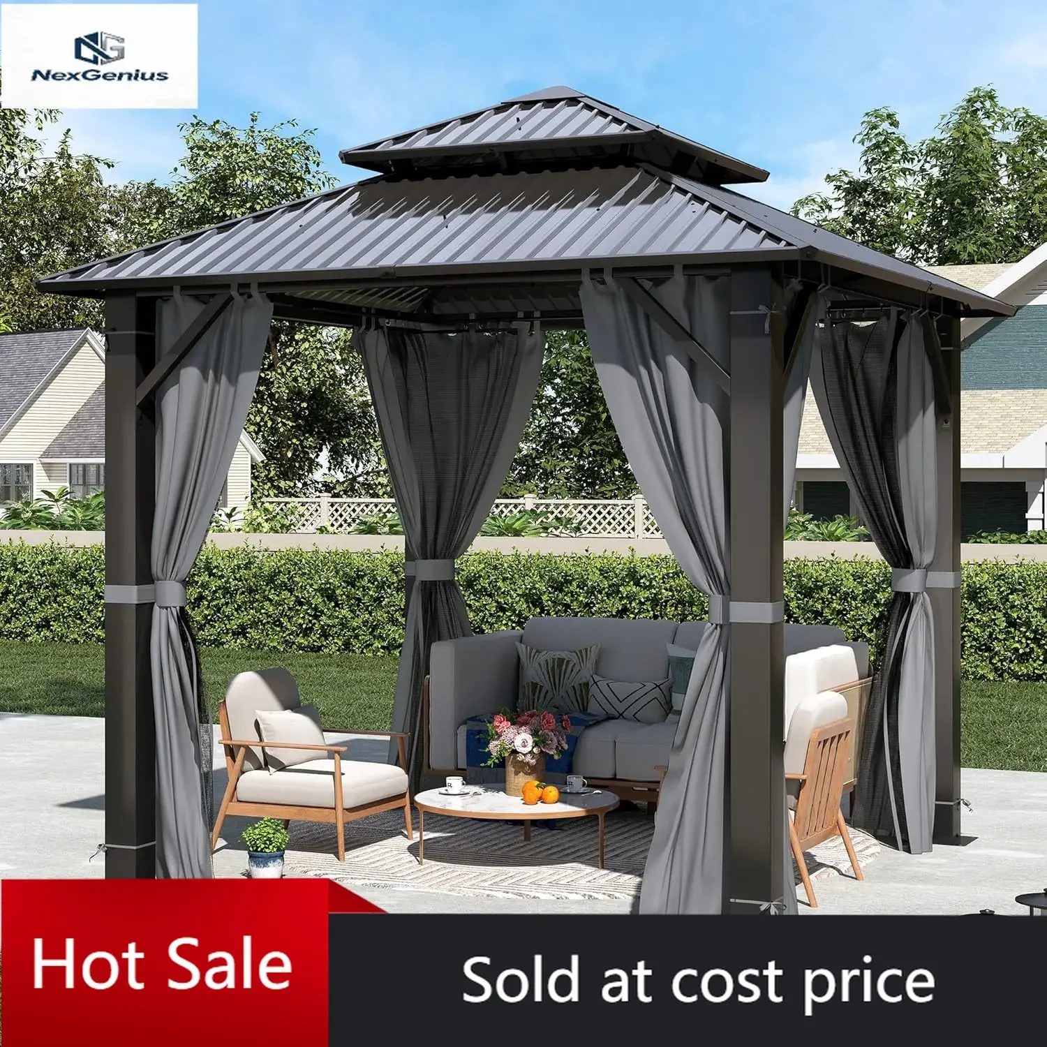 

8.5' x 8.5' Hardtop Gazebo, Galvanized Steel Double Roof Gazebo with Nettings and Curtain Outdoor Aluminum Frame Vertical Stripe