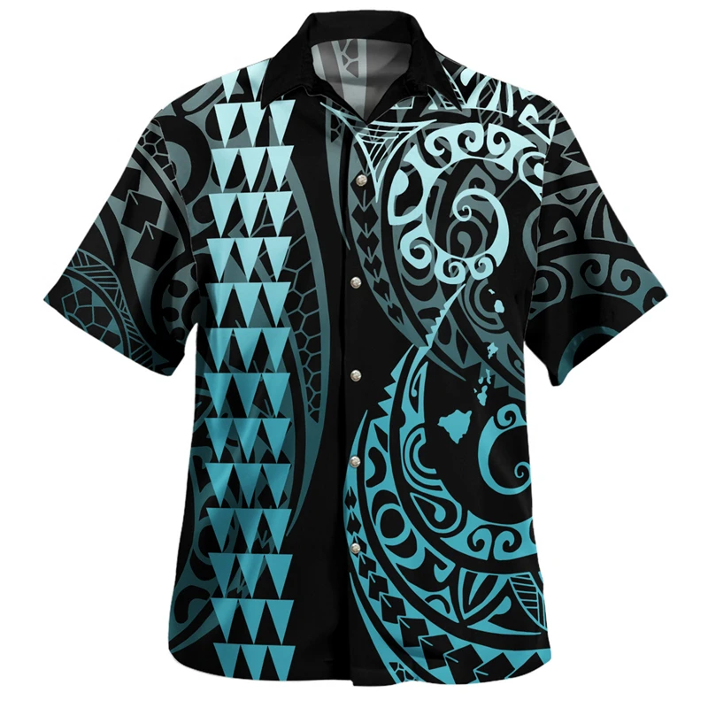 Polynesian Fashion Trend Tribal Culture 3D Printed Shirts Streetwear Short Sleeve Casual Lapel Button Tees Vintage Mens Shirts