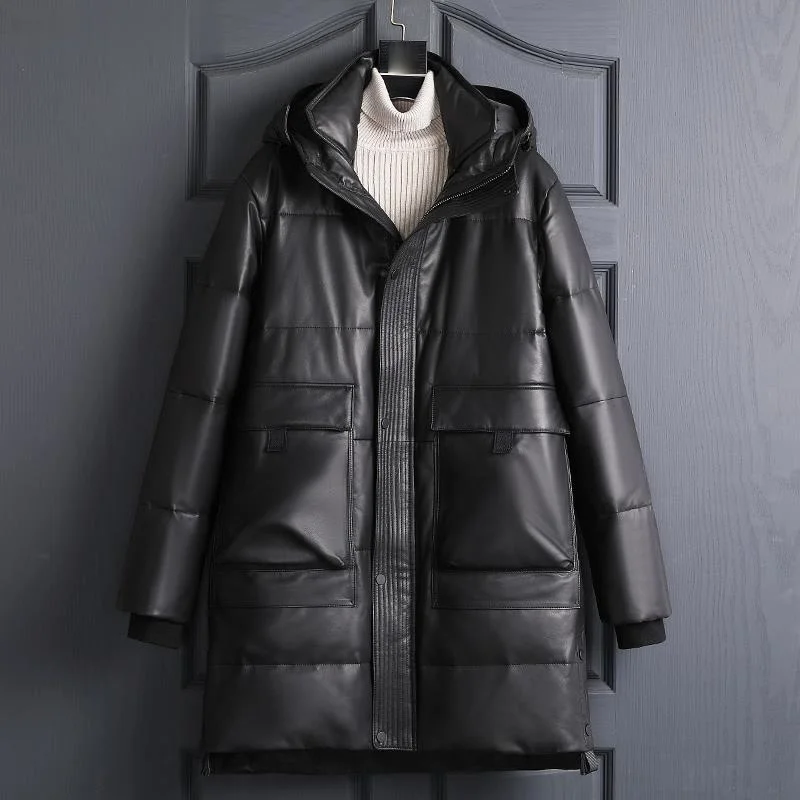 Fashion Genuine Leather Down Jacket Men Hooded Long Clothes Male Winter Sheepskin Thick