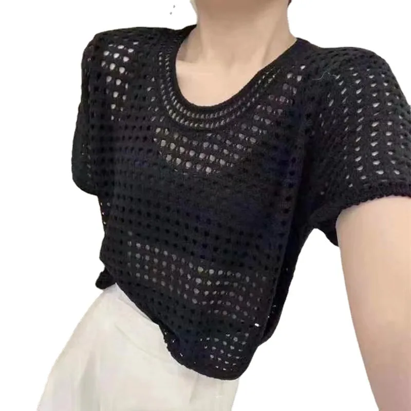 Hollow-out Top Women\'s Summer 2024 New Short-Sleeved Sweater Loose round Neck Ice Silk Blouse Chic Mesh Small Shirt Wholesale