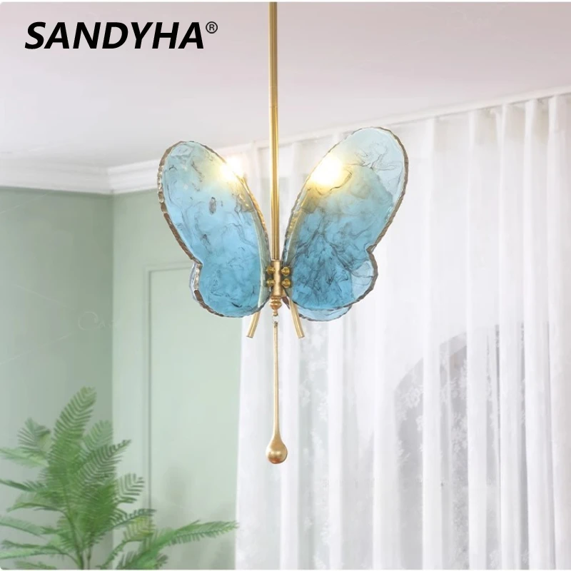 SANDYHA Nordic Butterfly Pendant Light Retro Art Colorful Glass Dreamy Girl Children Room Bedroom Dining Table Crystal Led Lamp