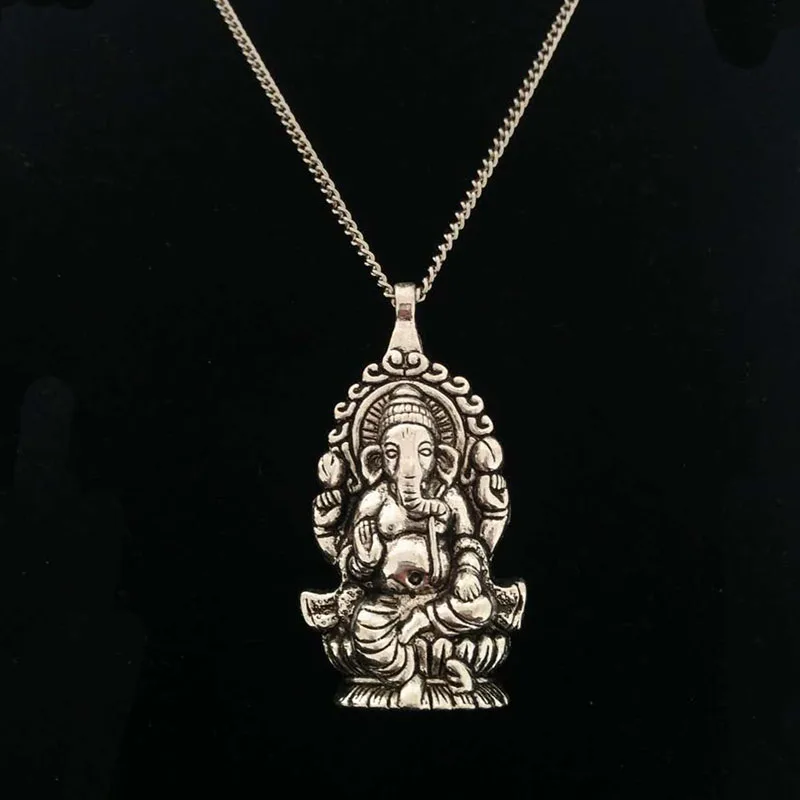 1 x Tibetan Silver Metal Large Ganesha Elephant Hindu God Of Beginnings Pendant Necklaces on Long Chain Lagenlook 34\