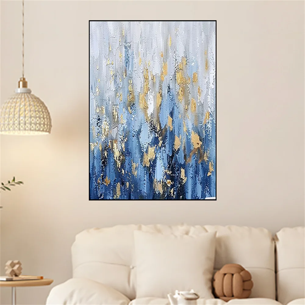100% Hand-Painted Modern Sky Blue Oil Painting Large Knife Texture Mural Canvas Poster Decor Living Room Home Wall Art Picture