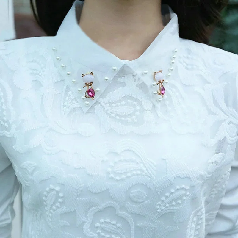 Women Spring Autumn Style Lace Blouses Shirts Lady Peter Pan Collar Long Sleeve Beading Casual Blusas Top