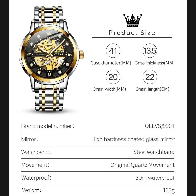 OLEVS Automatic Watch for Men Gold Stainless Steel Skeleton Hollow out Waterproof High Quality Luxury Business Mechanical Watch