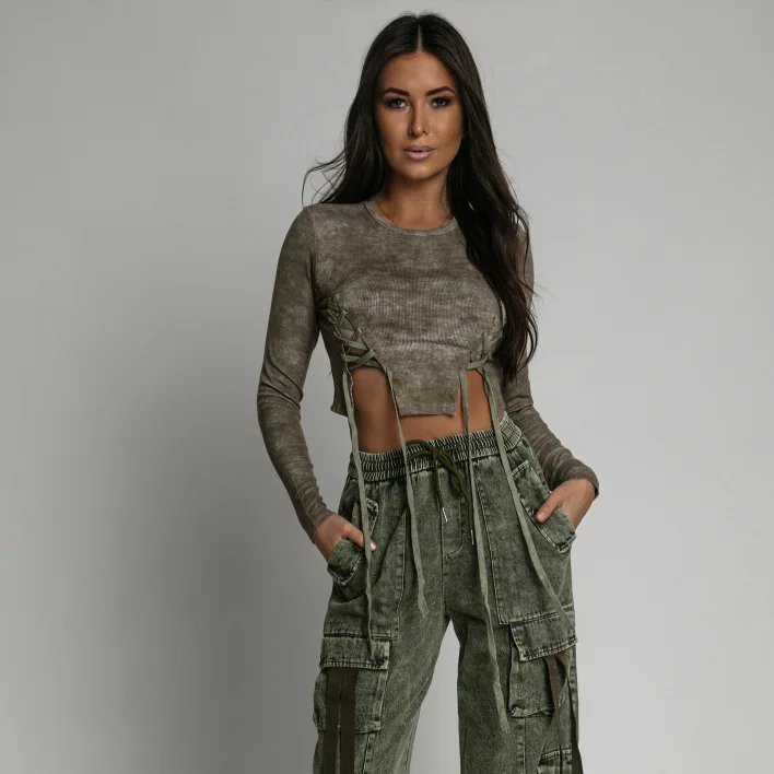 Niche Irregular Hem Long Sleeved T-shirt For Women 2025 Spring And Autumn Slim Fit Strap Waist Cinching Design Crop Top Women