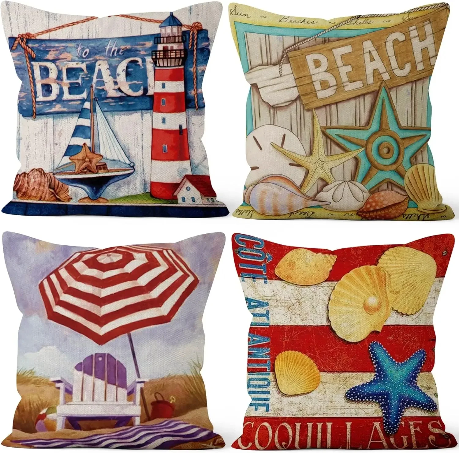 4 Pcs Beach Ocean Throw Pillow Covers Summer Nautical Lighthouse Starfish Seashell Tropical Vintage Linen Pillow Case Cover for