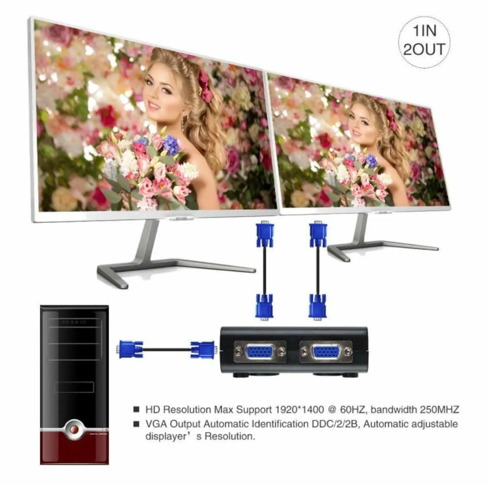 Imagem -02 - Adaptador Vga Splitter Box com Cabo de Alimentação a pc a Monitor Vídeo Svga Divisor de Tela Lcd 250mhz 1920x1440 Portas