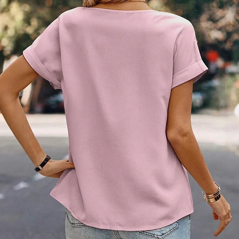 2024 New Women's Pleated Pullover Tops Summer Short Sleeve O Neck Tees Solid Colors T Shirts Versatile Top for Women NASY0014