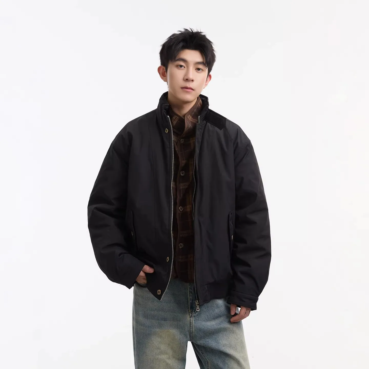 New Fashion American Style Men Solid Color Stand Collar Long Sleeve Zipper Spliced Thicken Parkas Male Vintage Top Clothes Coats