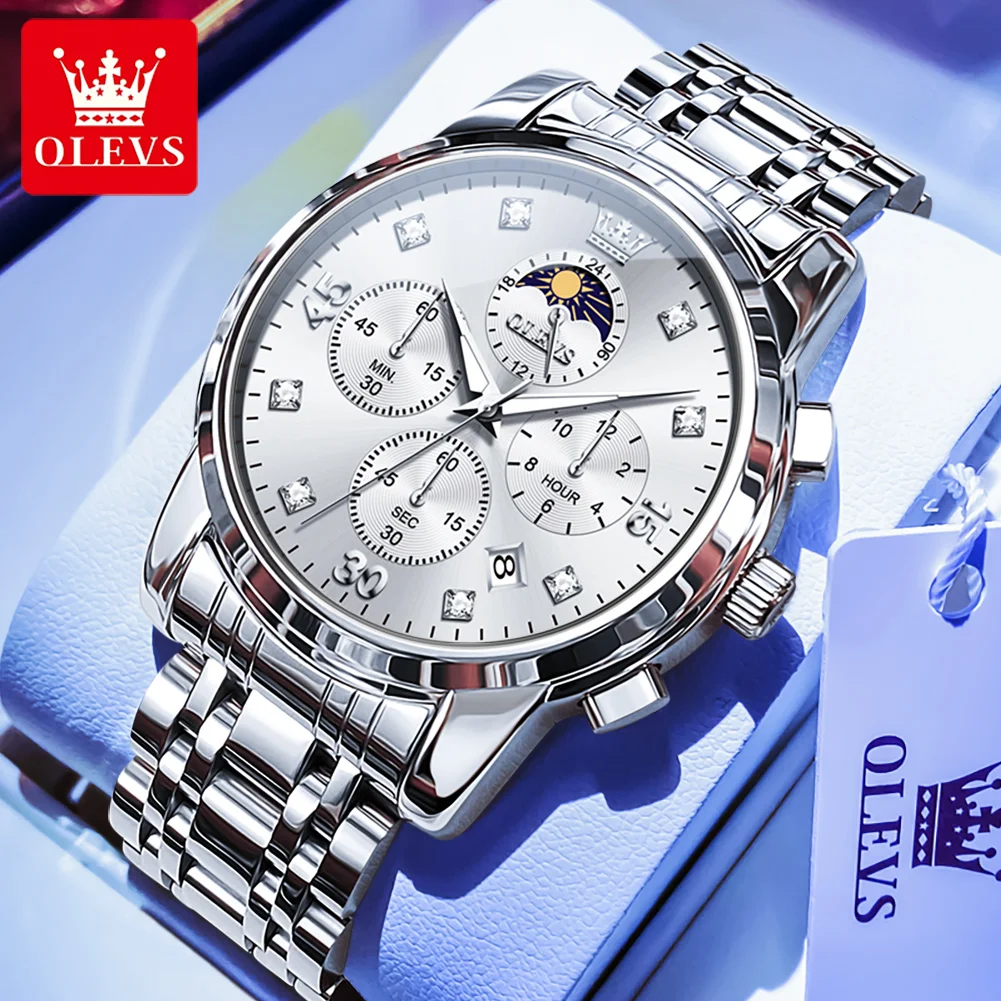 OLEVS 3652 Chronograph Business Quarz-Armbanduhr für Herren mit Mondphase, Kalender und Leuchtzeigern - Original Herren-Dressuhr