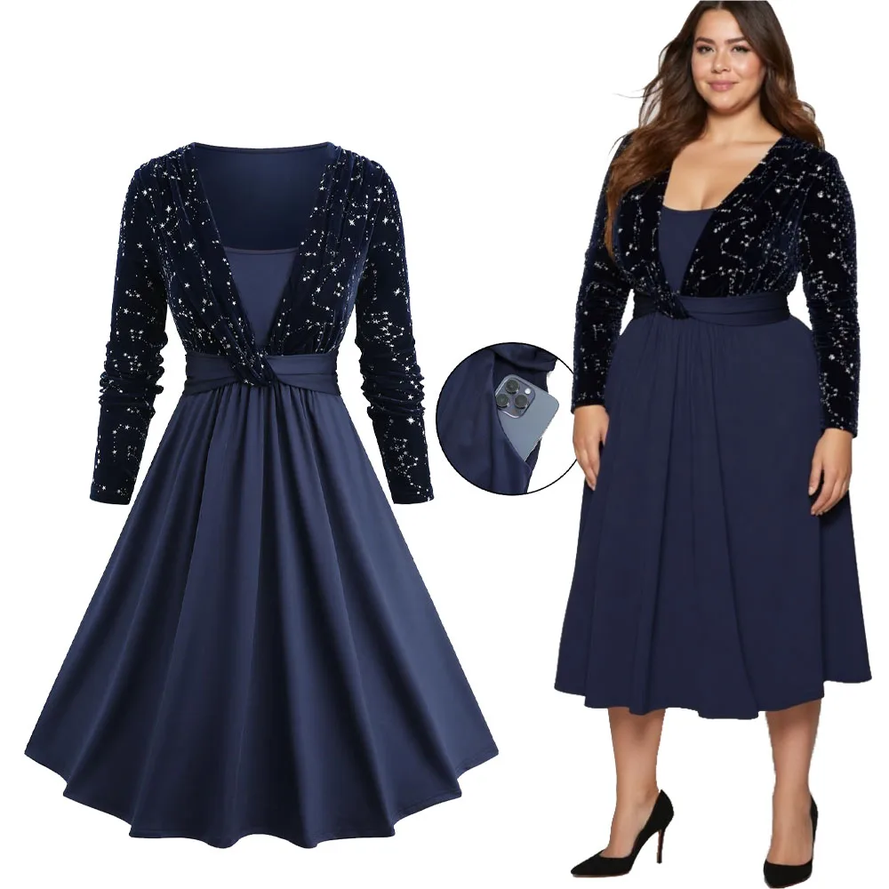 

ROSEGAL Plus Size Print Dresses Star Silver Stamping Velvet Pocket Ruched 2 In 1 Dress For Women Autumn Winter Casual Vestidos