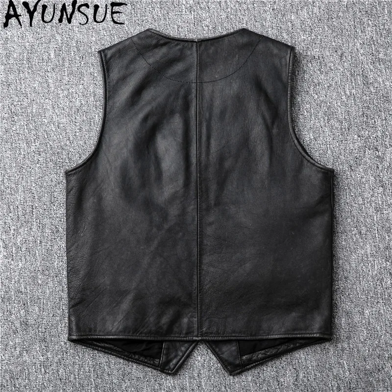AYUNSUE Vintage Distressed Top Layer Cowhide Leather Vest Short Mens Jacket V-neck Waistcoat Slim Gilet Biker Cuir Hommes 가죽점퍼