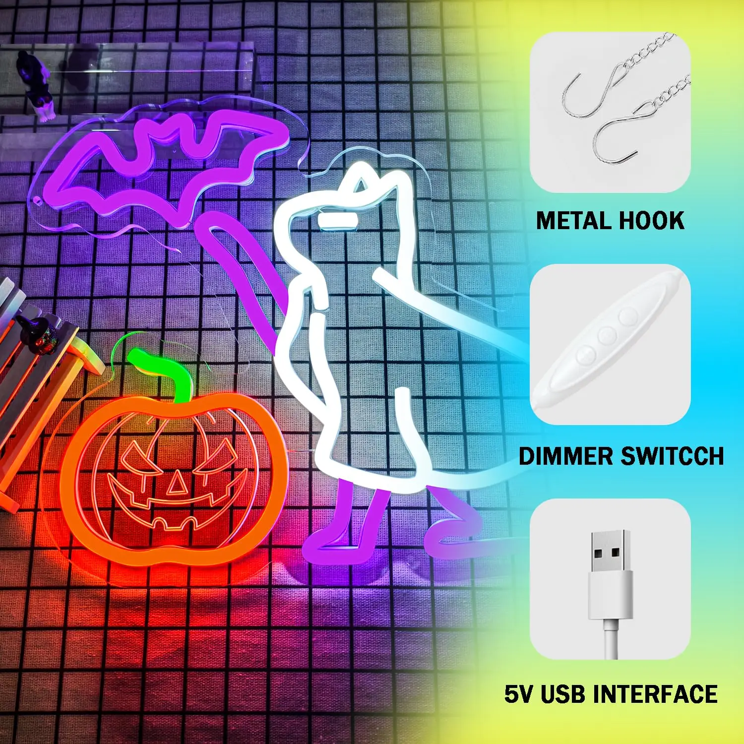 Halloween Pumpkin Ghost Cat Neon Sign Carving Dimmable Light Up Sign Wall Decor for Happy Halloween Party Bedroom Men Cave Home