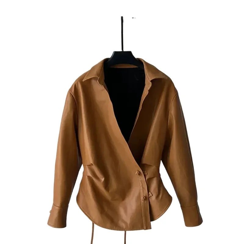 Tajiyane 23 printemps veste en cuir véritable femmes col en v manteau en cuir véritable peau de mouton vestes en cuir taille plissée laçage chaquetas