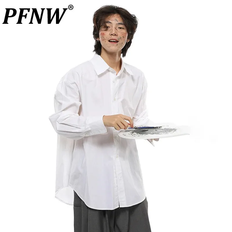 

PFNW Korean Button Design Trendy Long Sleeved Male Shirt New Casual Lapel Solid Color Loose Versatile Lazy Shirt Autumn 28W4261