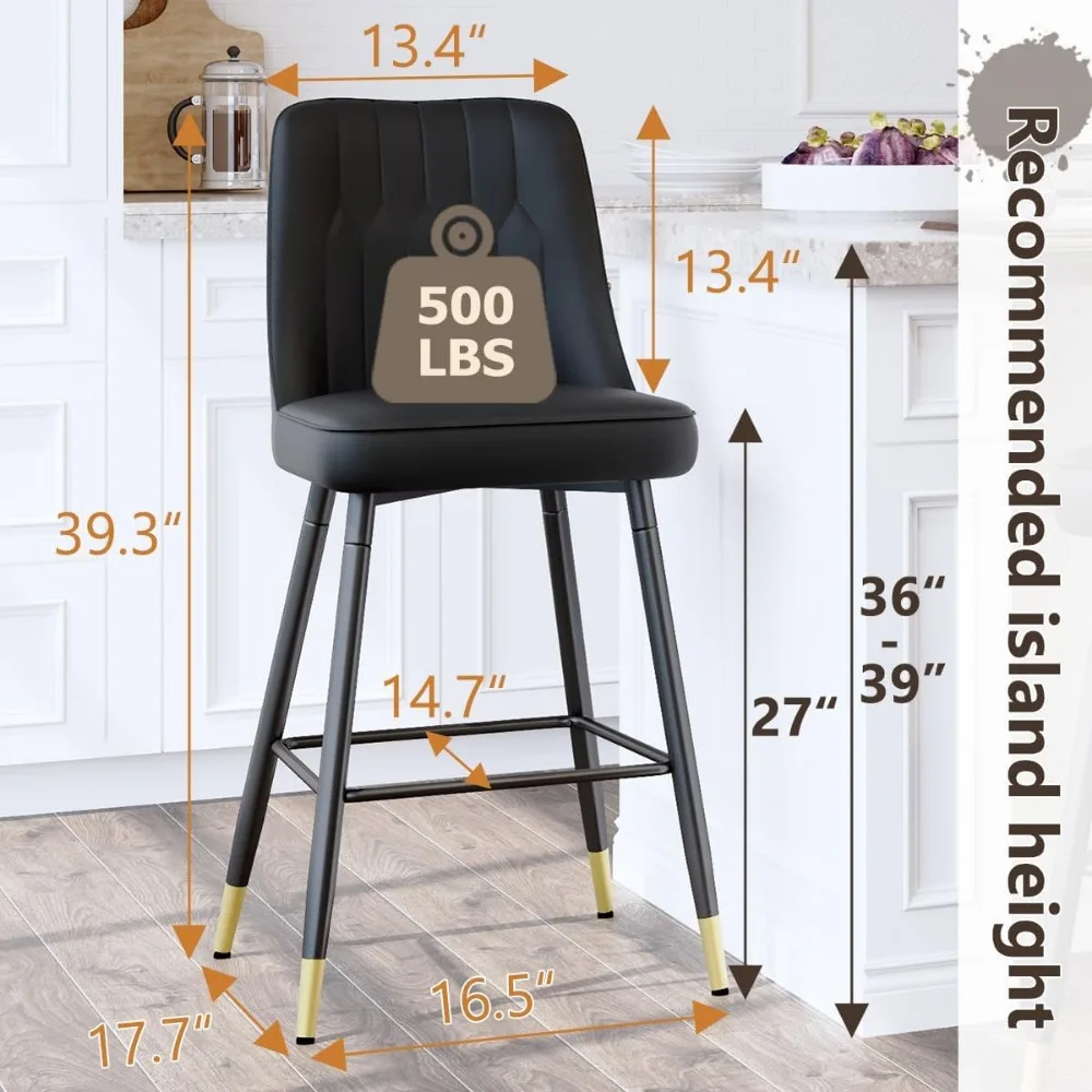 Set Kursi Bar Isi 4, Kursi Bar Tinggi Konter dengan Punggung, Kursi Dapur Kulit Imitasi Modern, Kursi Bar Hitam 27 "dengan Logam Stabil