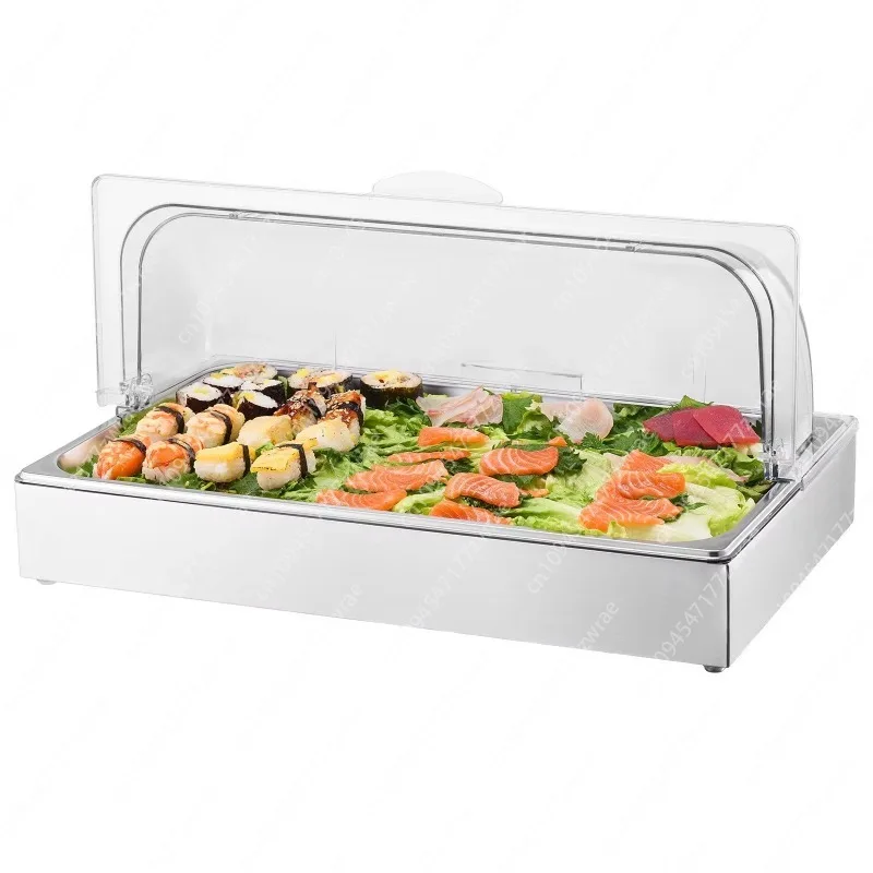 Stainless Steel Countertop Food Serving Tray With Clear Lid 3 Ice Trays Buffet Condiment Dispenser Display Rack For