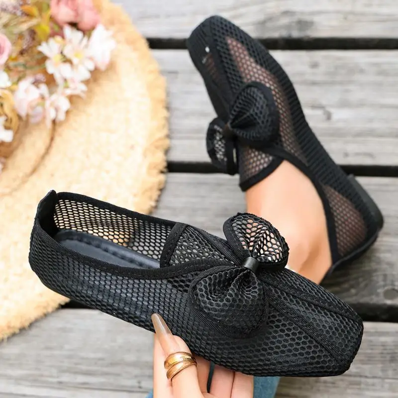 Mesh-Hohlschuh mit Schleife, Ballerinas für Damen, Frühling, Weiß, Schwarz, Atmungsaktive Slip-On-Schuhe, Flache Schuhe, Damen-Freizeitsandalen – Detail 6