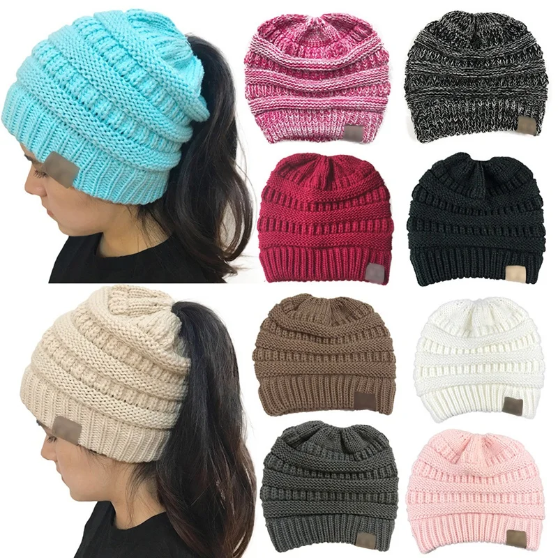 Women Winter Knitted Hat Messy Bun Ponytail Beanie Holey Warm Wool Caps