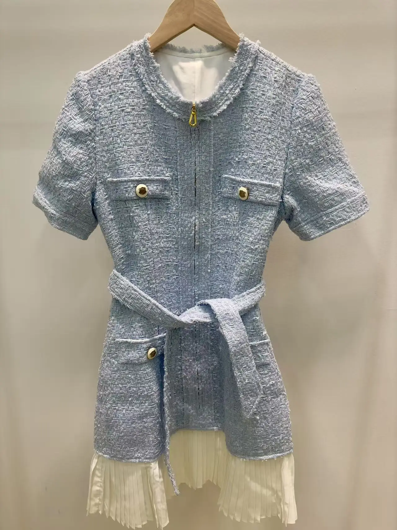 

2025 Spring New Tweed Mini Dress For Women O Neck Short Sleeve Fashion Splices Zipper Lace Up Slimming Female Party Dresses Chic