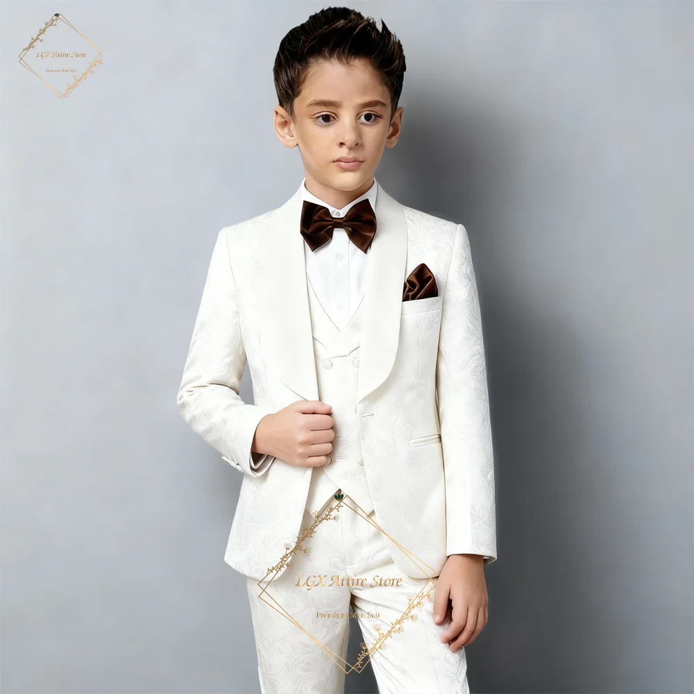 Boys 3 Piece Exquisite Jacquard Suit Blazer Vest Pants Gentleman Formal Outfit for Wedding Party Ceremony