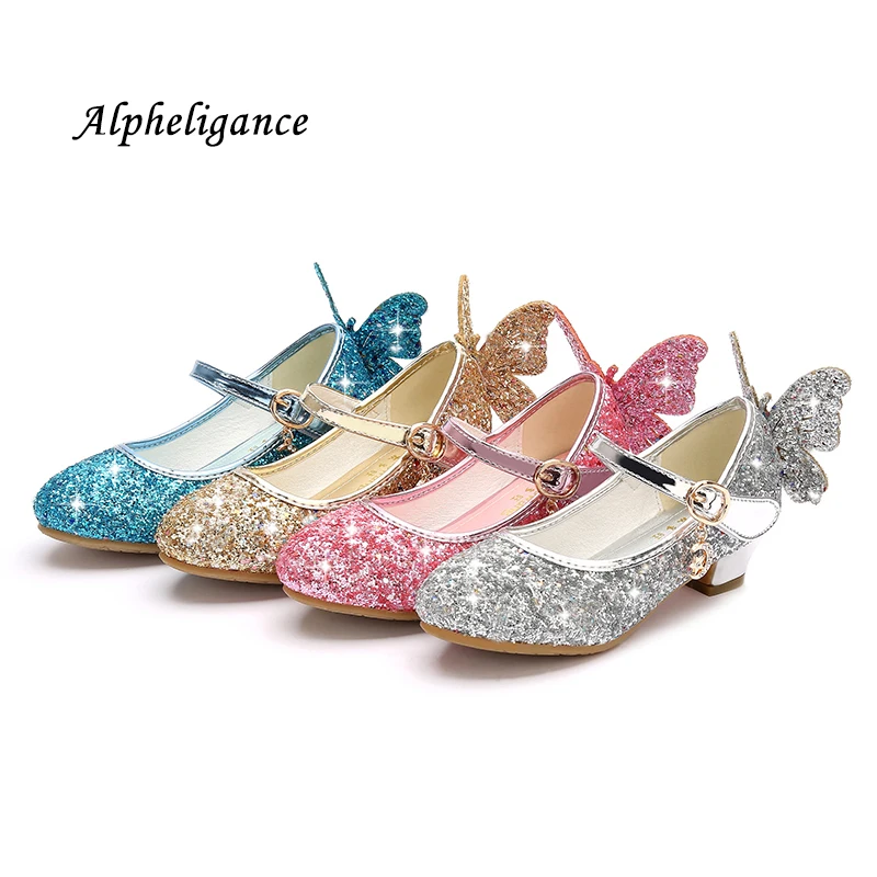 

Alpheligance 2024 New Girls Single Shoes Korean Butterfly Princess Shoes Children's High-heeled Leather Shoes Crystal Shoes