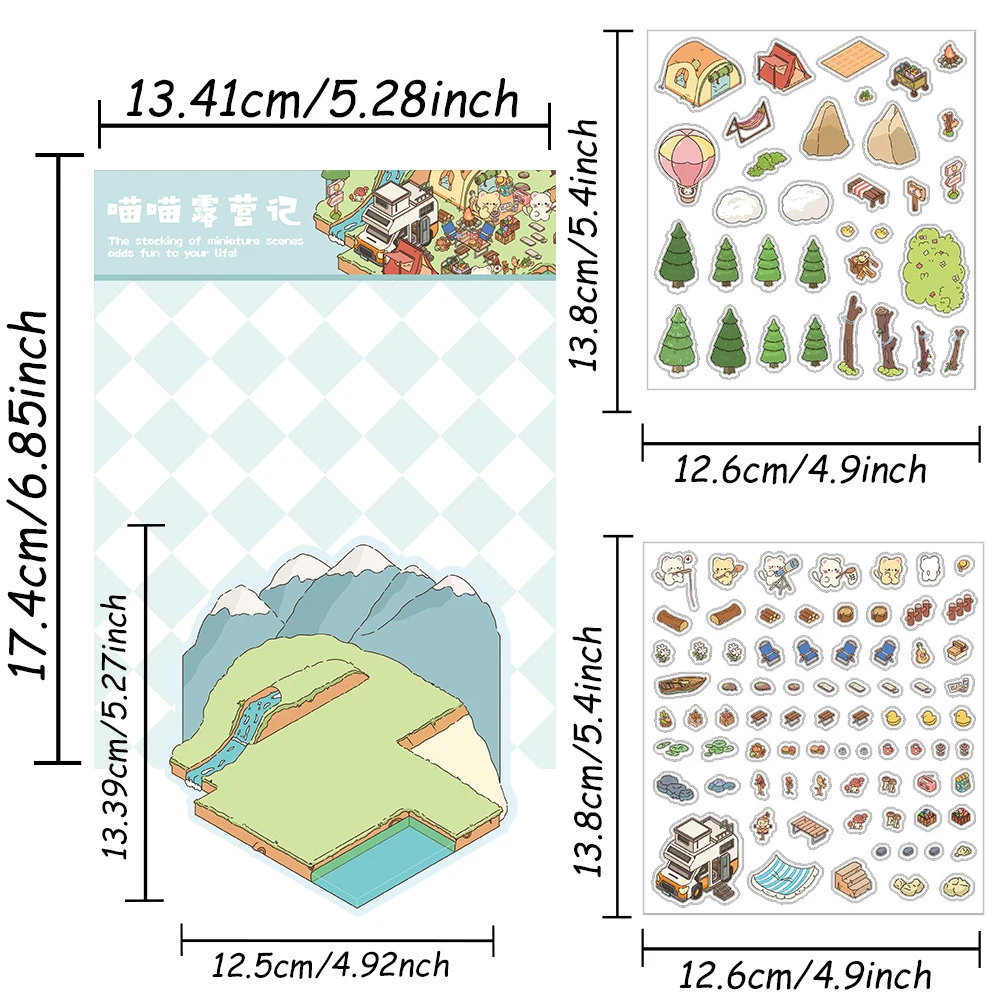 1 ชุด DIY 3D Meow Meow Camping Miniature สติกเกอร์การ์ตูนฉากสัตว์สําหรับทําฉากของคุณเองเพื่อบรรเทาความเครียดผ่านเวลา