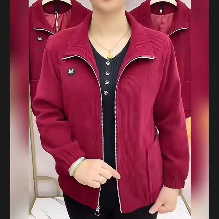 Casual Long Sleeve Corduroy Jacket for Mom Loose Fit Pure Color Style Spring Autumn New Arrival Women's Cotton Coat Zipper Cl...