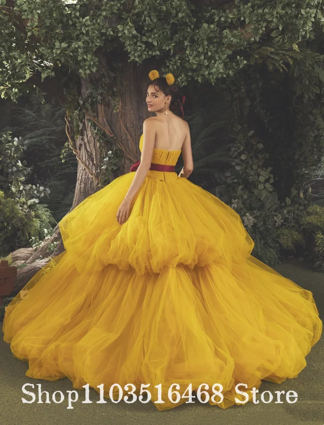 Custom Yellow Princess Themed Wedding Dress Adorable Bear Print Bridal Gown Unique Wedding Ceremony Princess Chapel Wedding Gown