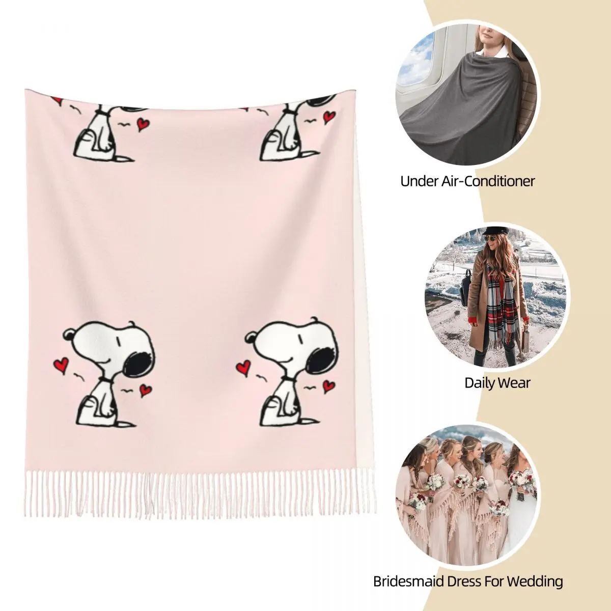 Peanuts Snoopy Love Shawl Wraps Women Winter Warm Long Soft Scarf Pashmina Tassel Scarves