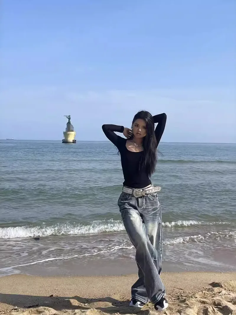 

Low Waist Bell Bot Denim Jeans Women Loose Slimming Straight American Sle Winter Warm Ladies High Waist Jeans