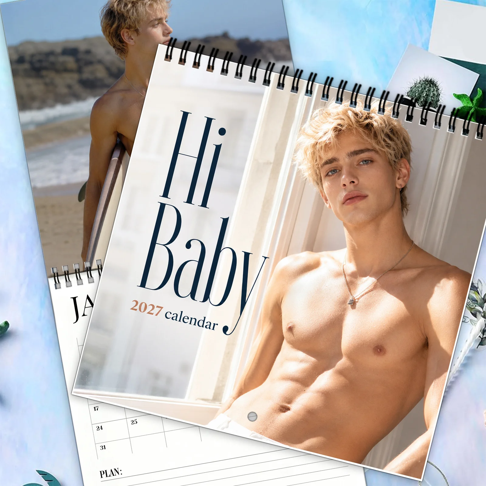 2027 Hey Boy Wall Calendar Handsome Young Man Monthly Twin Wire Hanging Beach Tennis Pictures Home Office Dated Creative Gift