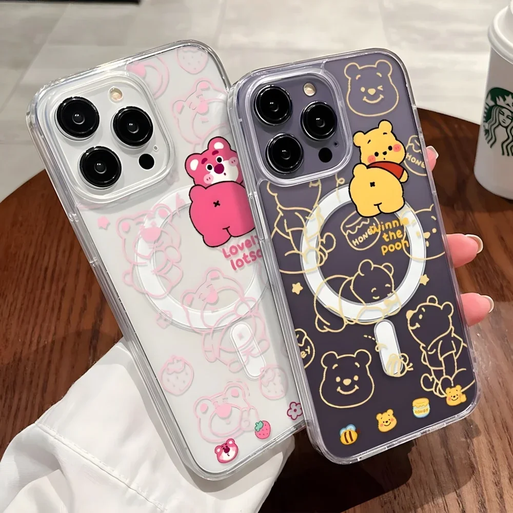 Funny Winnie the Pooh Lotso Bear for Magsafe Case for iPhone 16 15 Plus 12 13 mini 11 14 Pro Max Wireless Charging Clear Cover