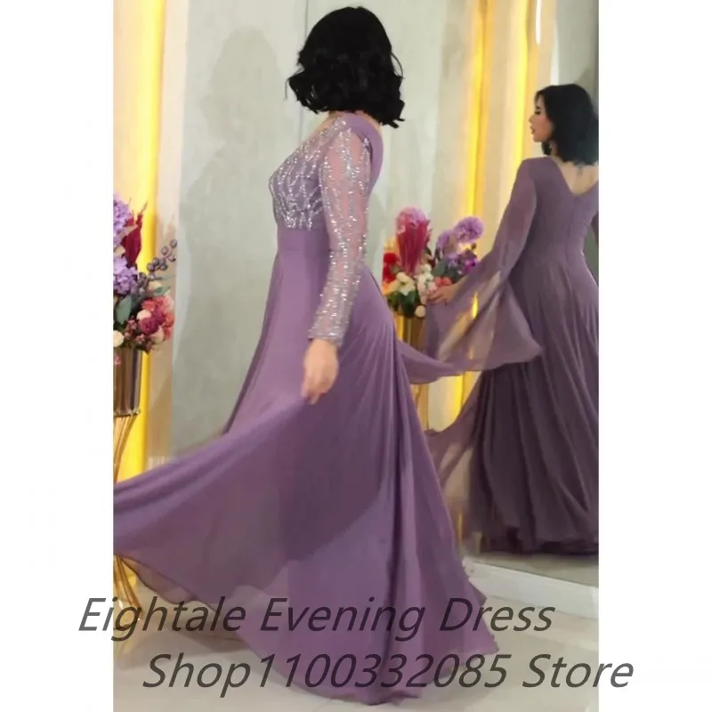 Eightale Customized Chiffon A Line Long Sleeve Evening Dress For Wedding Party Sequined Prom Dress Dubai Party Gown New Arrival