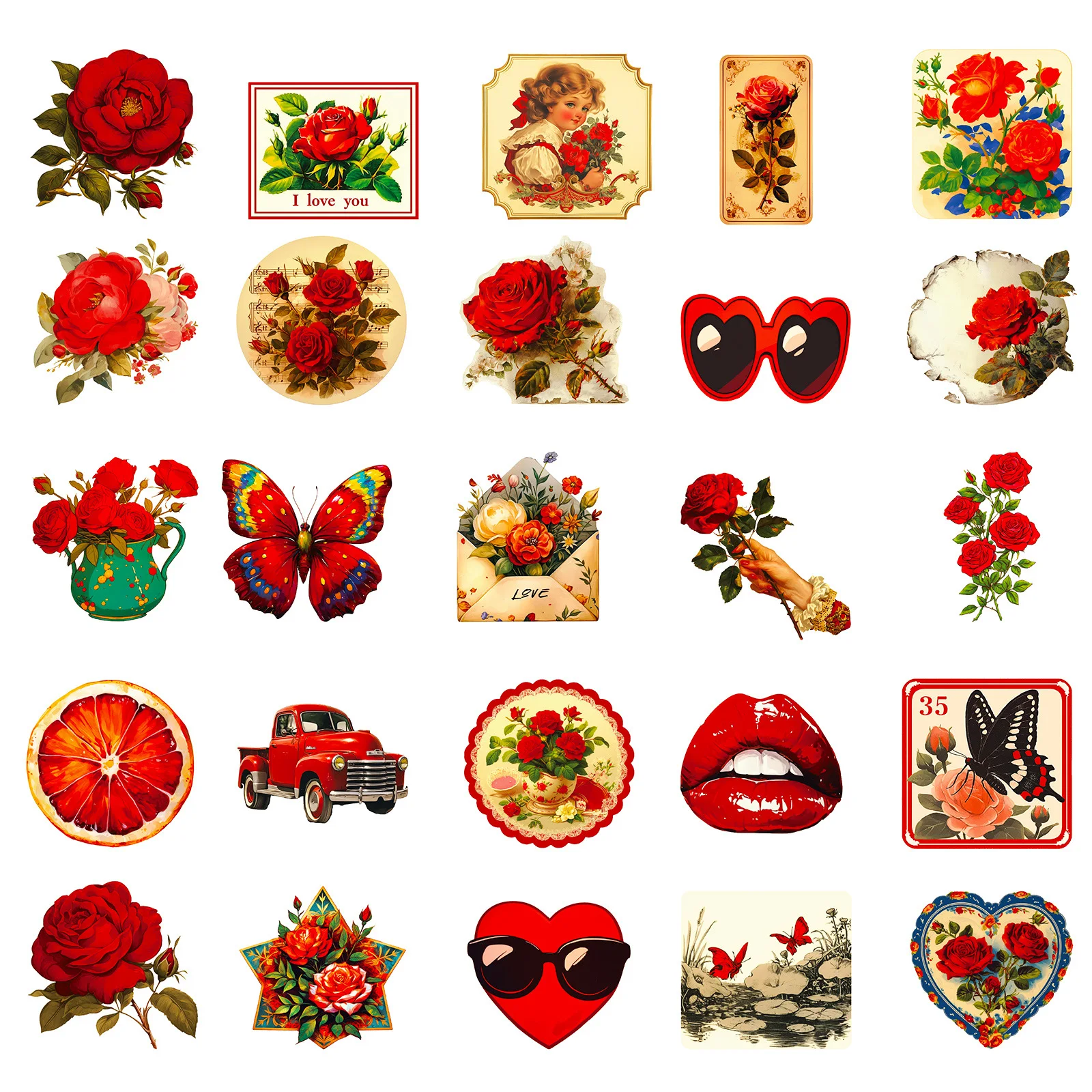 

10/30/50PCS Retro Red Butterfly Rose Cartoon Sticker DIY Phone Laptop Luggage Skateboard Graffiti Decals Fun for Kid