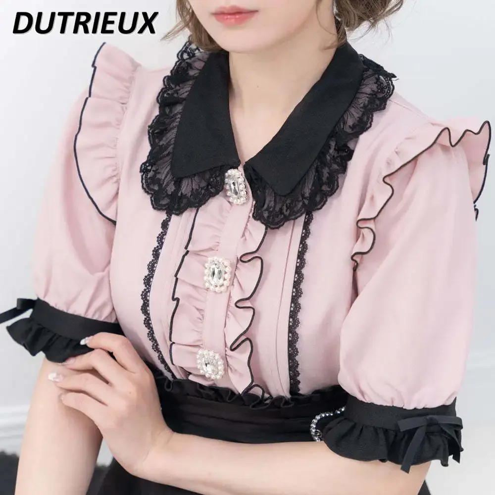 

Japanese Sweet Cute Heavy Industry Crystals Base Shirt Short Sleeve Summer Lace Edge Blouse All-matching Student Lolita Top