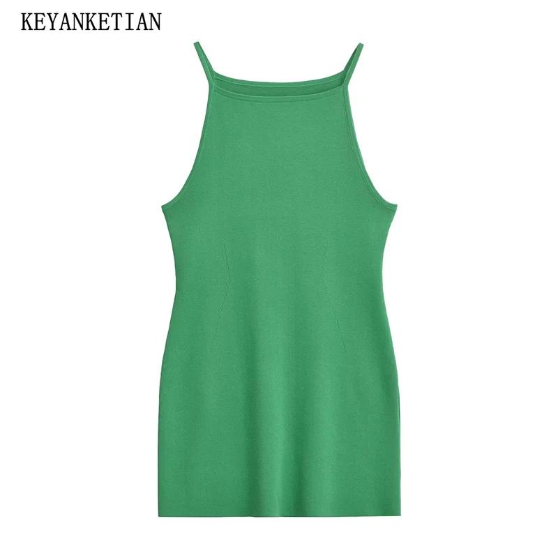 

KEYANKETIAN 2024 New Launch Women's Green Knit Halter Dress Summer Y2K Stylish Simply Slim Sleeveless Sheath MIDI Dresses Thin