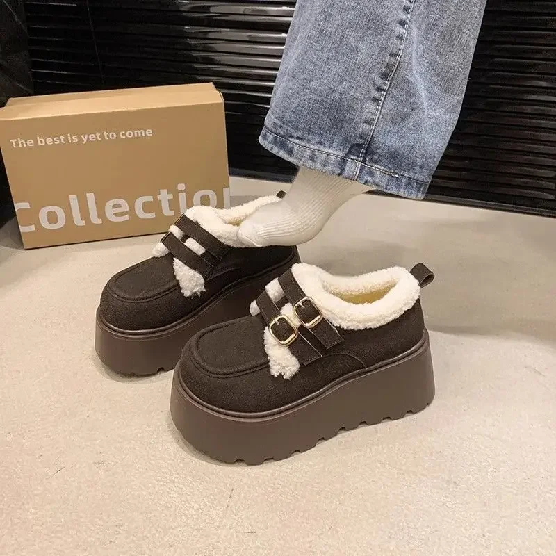 المرأة سميكة القاع الدافئة صوف مبطن أحذية عالية الكعب الثلوج ربيع الخريف الرجعية الانزلاق على الأحذية القطنية المطاط وحيد #3