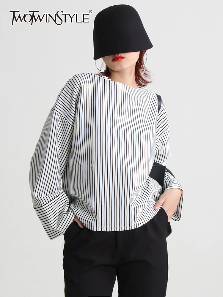 TWOTWINSTYLE Straight Striped T Shirt Female Round Neck Flare Sleeve Colorblock Loose T Shirts Female Autumn Clothes Fashion New