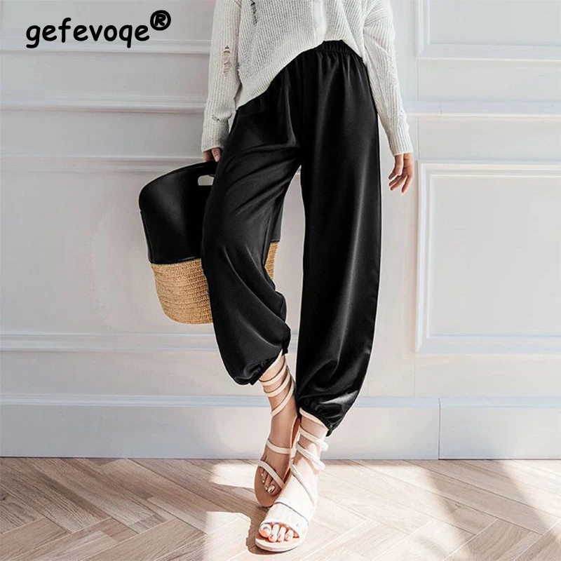 

Summer Fashion Elastic Waist Loose Casual Ankle Length Satin Lantern Pants Women Solid Color All-match Trousers Female Clothes