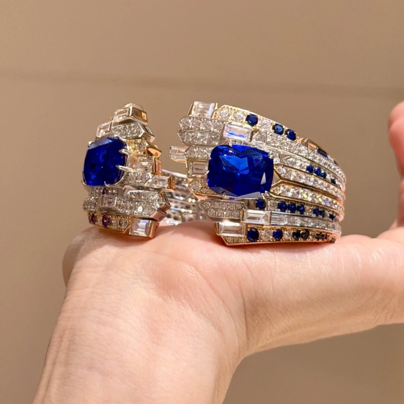 High-end Luxury 925 Silver Cuff Bangle Double Blue Gemstone Sapphire CZ Elegant Party Jewelry for Bridal Open Bracelet for Women