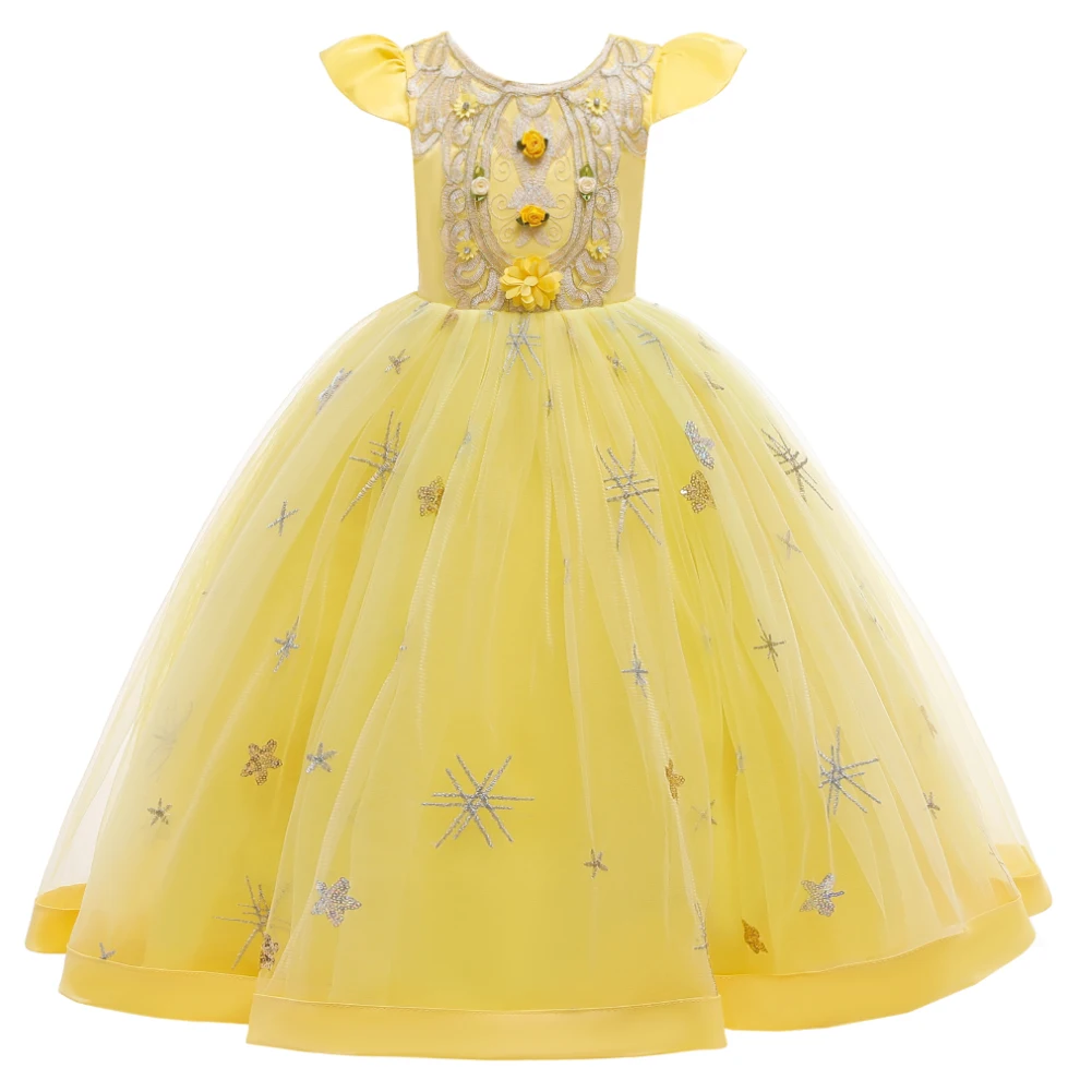 YEllow girl elegant flower ball dress suitable for children\'s evening party sequin long dress