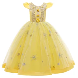 YEllow girl elegant flower ball dress suitable for children's evening party sequin long dress