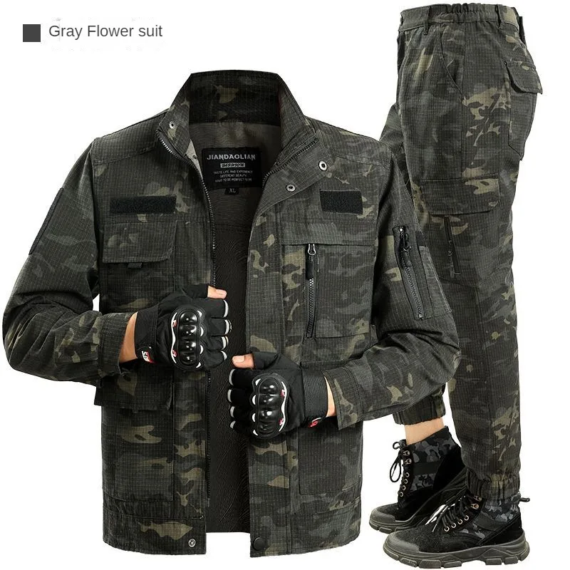 Fashion Outdoor Sports Men Work Suit Spring And Autumn Thin Waterproof Checker Large Pocket Antifouling Camouflage Suit