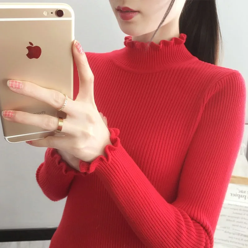 2023 Autumn Winter New Half Turtleneck Sweater Base Sweater Women Style Black Simple Sweater Top Slim Body Tight Long Sleeve