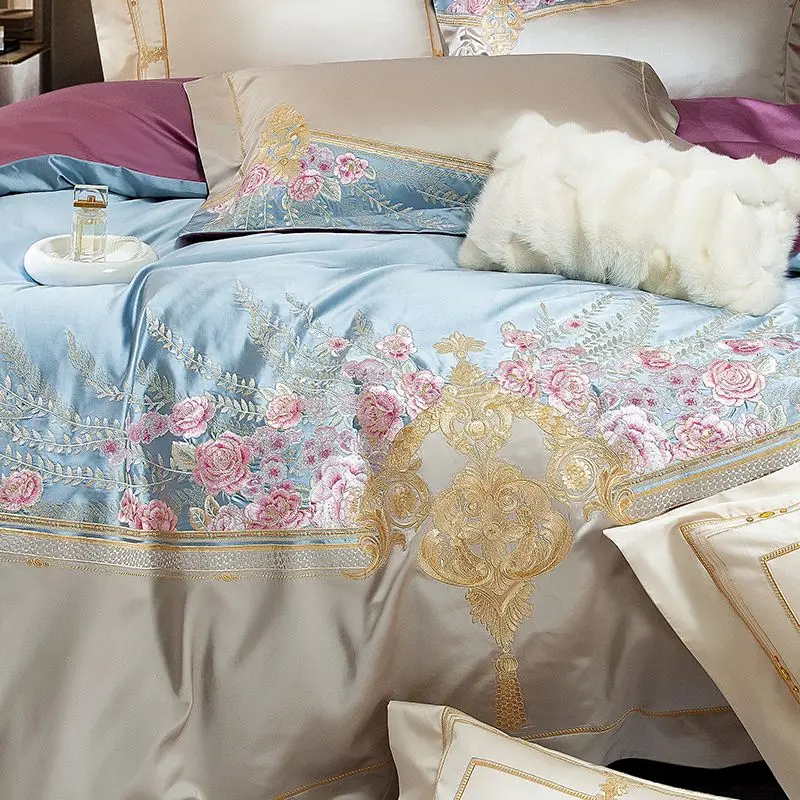 Flowers Embroidery Sateen Brocade Egyptian Cotton 4/6/9Pcs Luxury Bedding Set Queen King Size Duvet Cover Bed Sheet Pillowcases