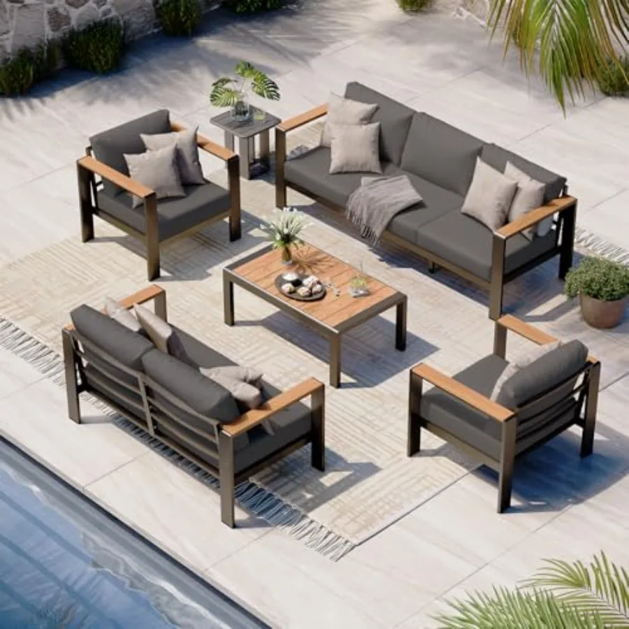 

Aluminum Outdoor Patio Furniture Set with Coffee Table, Washable Thick Cushions, Gray Beige Sectional for Porch Balcony Deck Ya