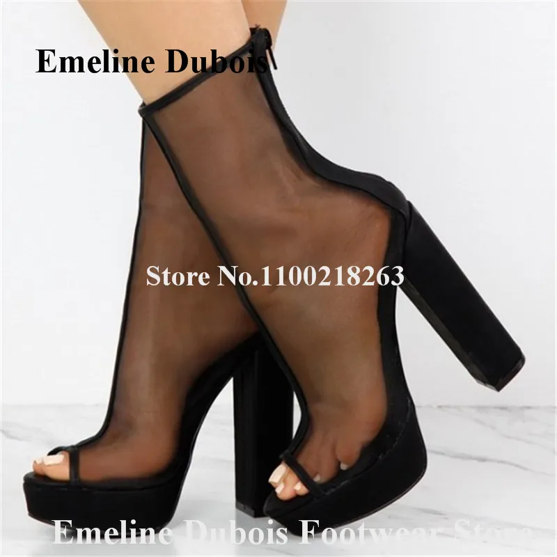 

Black Mesh Short Boots Emeline Dubois Peep Toe High Platform Chunky Heel Ankle Booties Back Zipper-ip Thick Heel Party Heels